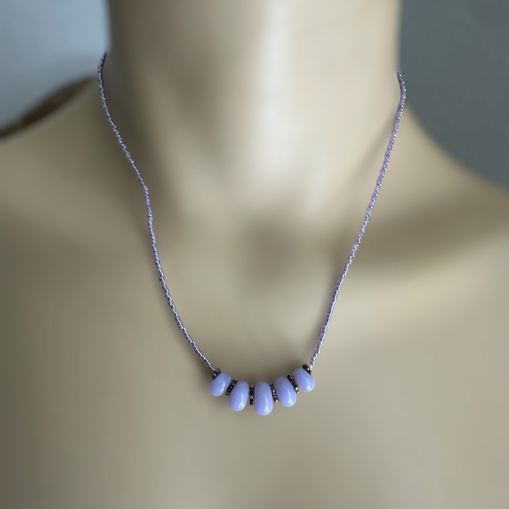 Vintage Necklace 15 Inch Lavender Glass‎ Beads 925 Sterling Silver Clasp Spacers